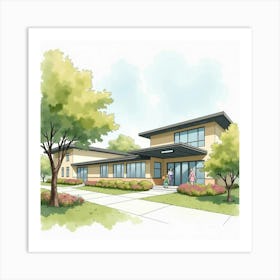 Watercolor Portrayal Of A Care Facility With A Nurturing, Calm Atmosphere For Healing 1 Art Print