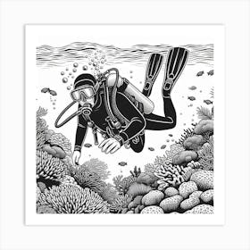 Line Art scuba diver Art Print