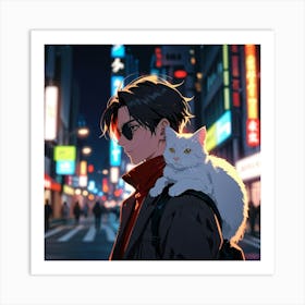 Anime, Cat, City, Night 1 Art Print