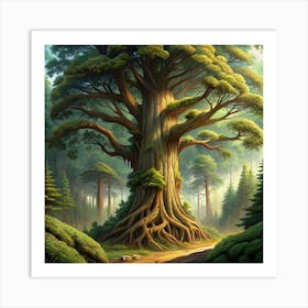 A Majestic Tree In A Forest With Sunlight Shining Through Art Print