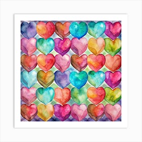 Watercolor Pattern Of Colorful Hearts Art Print