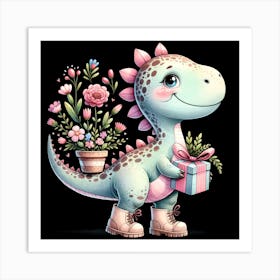 Baby Dino Dinosaur Birthday Flowers Art Print