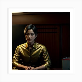 Asian Woman Sitting At Desk Art Print