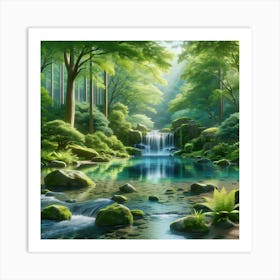 Forest Waterfall Wall Art: A Tranquil Scene with Clear Pond and Lush Greenery for Inspiring Nature Decor Print Art Art Print