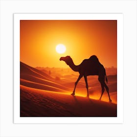 Camel In The Desert At Sunset Art Print