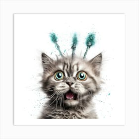 Cat With Blue Feathers Art Print