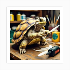 Tortoise Attaching The Feathers To His Shell Using The Special Glue (2) Art Print