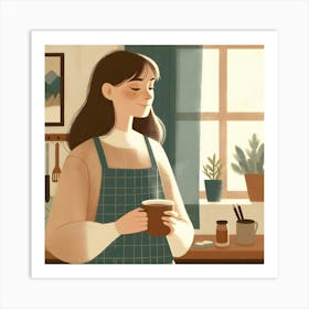 Woman Chill in the Kitchen Holding A Cup Of Coffee and Apron Art Print