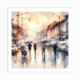 Watercolor Of People In a rainy city  Art Print