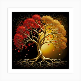 Template: Half red and half black, solid color gradient tree with golden leaves and twisted and intertwined branches 3D oil painting 1 Art Print