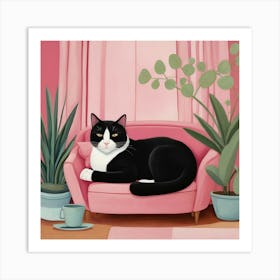 Default Cat Nap Tuxedo Cat Napping In Pink Interior Art 1 Art Print