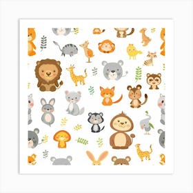 Cute Animals Seamless Pattern Art Print
