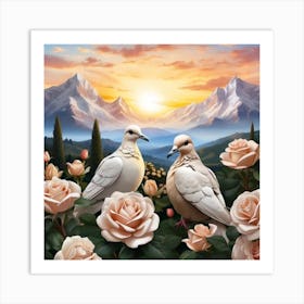 Doves In White Roses Garden Art Print