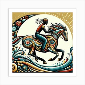 A Guy Riding A Beautiful Horse Fast Around A Curve Folk Art Stlye 2 Art Print