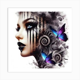 Black And White Girl With Butterflies Art Print