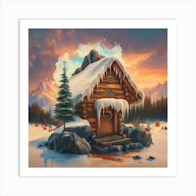 Wooden hut snow 2 Art Print