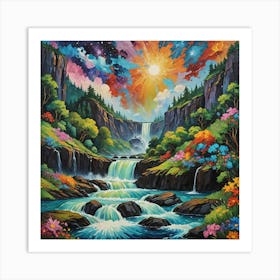 Luminous Cascade: Enchanted Forest Waterfall Under Radiant Skies . Wall art Art Print