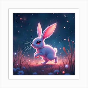 An Abstract Rabbit With Ears Of Cascading, Neon Light Hopping Through A Celestial Meadow 1 Art Print