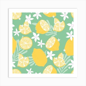 Lemon Pattern On Green With Flowers And Florals Square Art Print