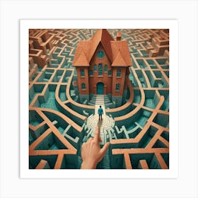 A Person Standing At The Entrance Of A Labyrinth With A Giant Hand Pointing The Way Out, Representing Guidance And Problem Solving Art Print