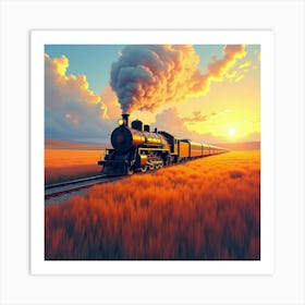 Classic Train Traveling Through A Vibrant Watercolor Field At Dawn 1 Art Print