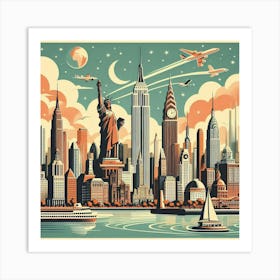 Vintage Travel Poster Depicting A Mid Century City Skyline With Iconic Landmarks, Style Retro Travel Poster 1 Art Print