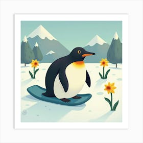 Penguin Sliding By Daffodils 1 Art Print