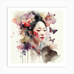 Watercolor Floral Asian Woman #2 Art Print