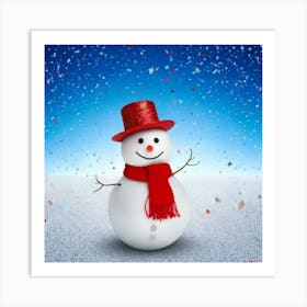 Firefly 3d, Cute, Snowman, Peeking, White, Wall, Red, Scarf, Hat, Silver, Glittery, Sequin, Decorati (2) Art Print