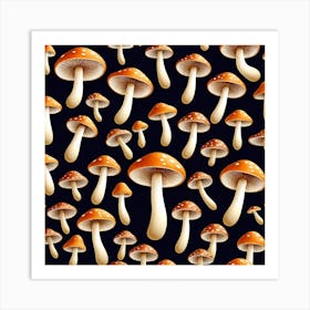 Seamless Pattern Of Mushrooms On Black Background Art Print