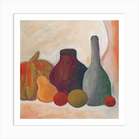 still life kitchen art square orange pumpkin pear bottle jar painting Art Print