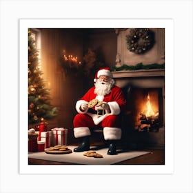 Santa Claus Sitting In Front Of A Fireplace Art Print