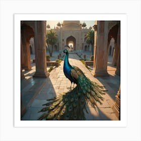 Peacock In Taj Mahal Art Print