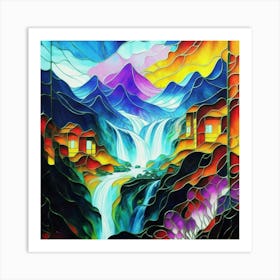 Abstract art stained glass art of a mountain village in watercolor 13 Art Print