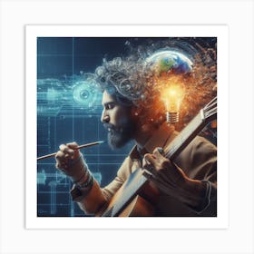 Man Playing Guitar With Light Bulb In His Head Art Print