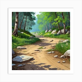 Path In The Woods.A dirt footpath in the forest. Spring season. Wild grasses on both ends of the path. Scattered rocks. Oil colors.8 Art Print