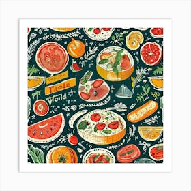 Seamless Pattern Of Fruits And Vegetables, Food And Drink Seamless Pattern, Foodie Traveler A Delicious Pattern Featuring Iconic Dishes From Different Countries Art Print