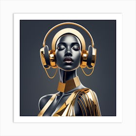 Golden Woman With Headphones Art Print