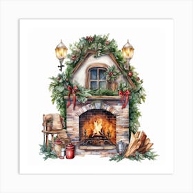 Christmas Fireplace, watercolor clipart Art Print