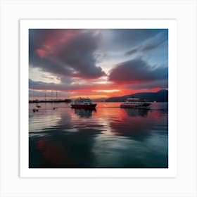 Sunset Boats In The Harbor Art Print