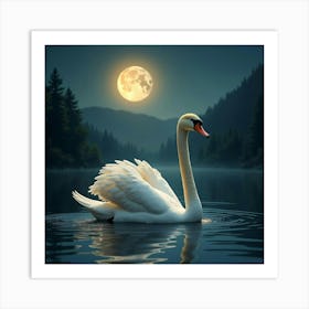 A Graceful Swan With Golden Feathers Swimming In A Moonlit Lake 1 Art Print