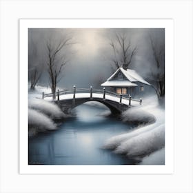 Bridge Over The River Watercolor Landscape Art Print