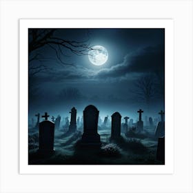 Gravestones Casting Long Ominous Shadows Under A Full Moon A Rising Mist Shrouding The Undead Figu (6) Art Print