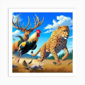Cheetah And Rooster Art Print