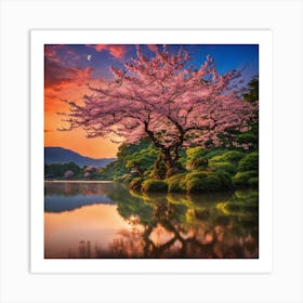 Japanese Sakura In Lake 1 Art Print