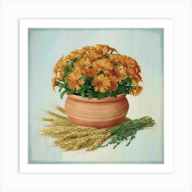 Vintage Geraniums And Wheat Art Print