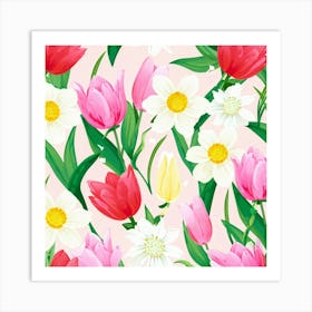 Cartoon Style Digital Painting Of An Isolated Spring Bouquet Featuring Blooming Tulips Roses And D (4) Art Print