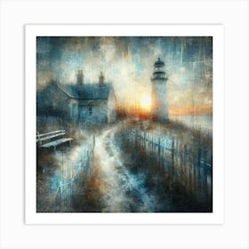 Lighthouse At Sunset and Captivating Scene: Old Lighthouse, Neglected Cottage, Crooked Fence, and Bench in Dreamy Sunrise Painting Art Print