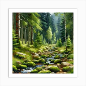 Stream In The Forest, Acrylic Painting Style 7 Art Print