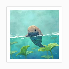 Baby Manatee Taking A Swim Tiny World Environmental Art print 2 Art Print